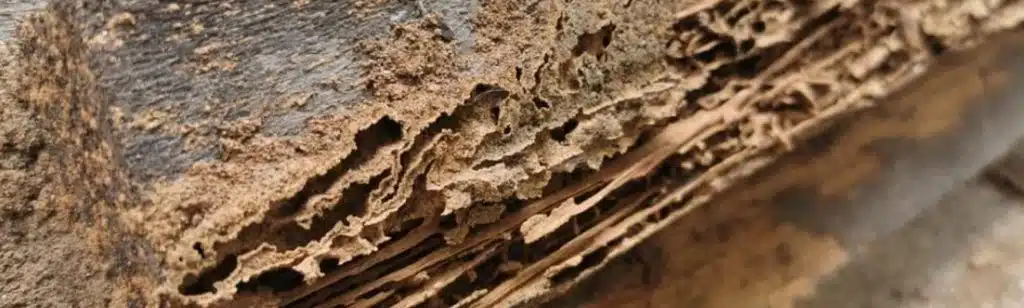 Termites ouvriers attaquant du bois de charpente