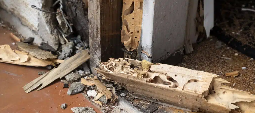degats de termites à l'intérieur de la maison sur une menuiserie bois effondrée