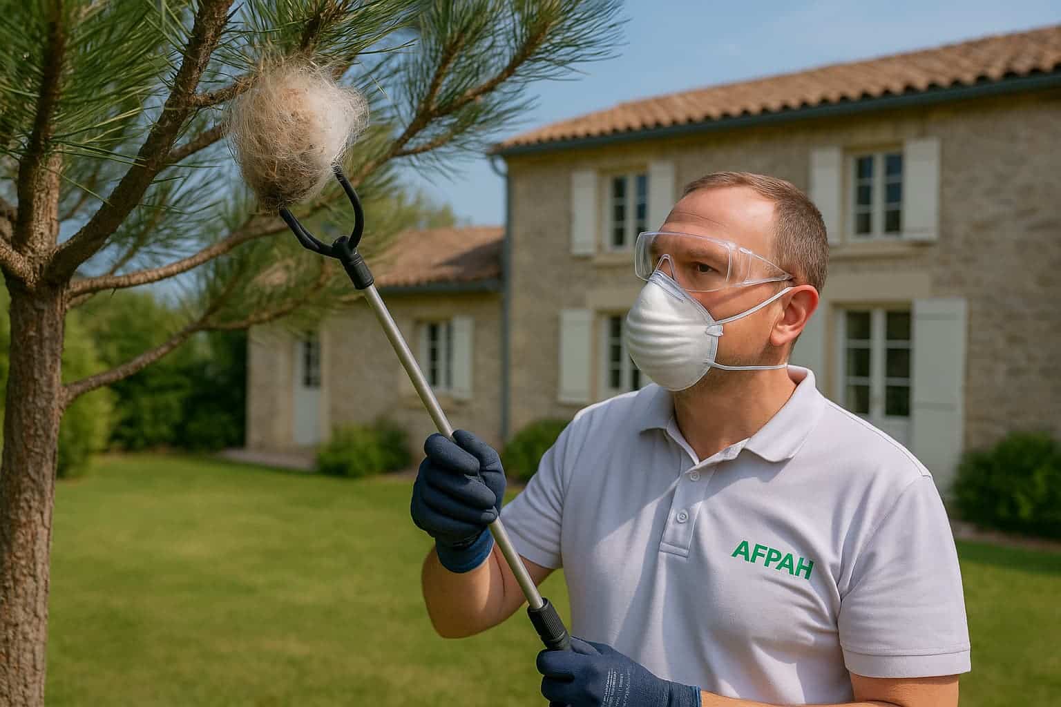 Intervention AFPAH pour élimination de la chenille processionnaire sur pin en jardin familial