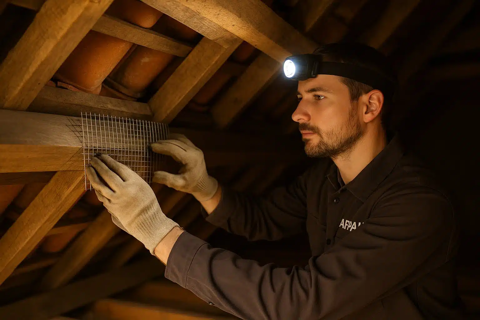 Protection des combles contre les fouines par un technicien AFPAH dans une maison française