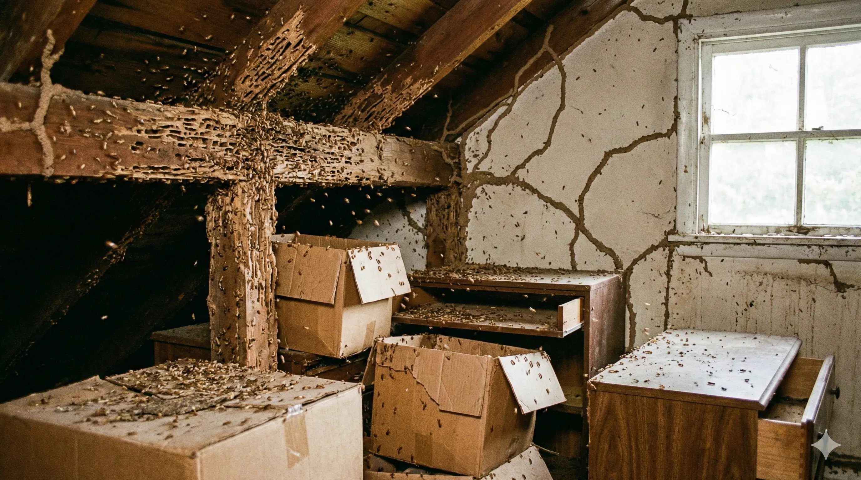 Photos de termites: tubes de boue et ailes sur poutre en bois lors d’une inspection