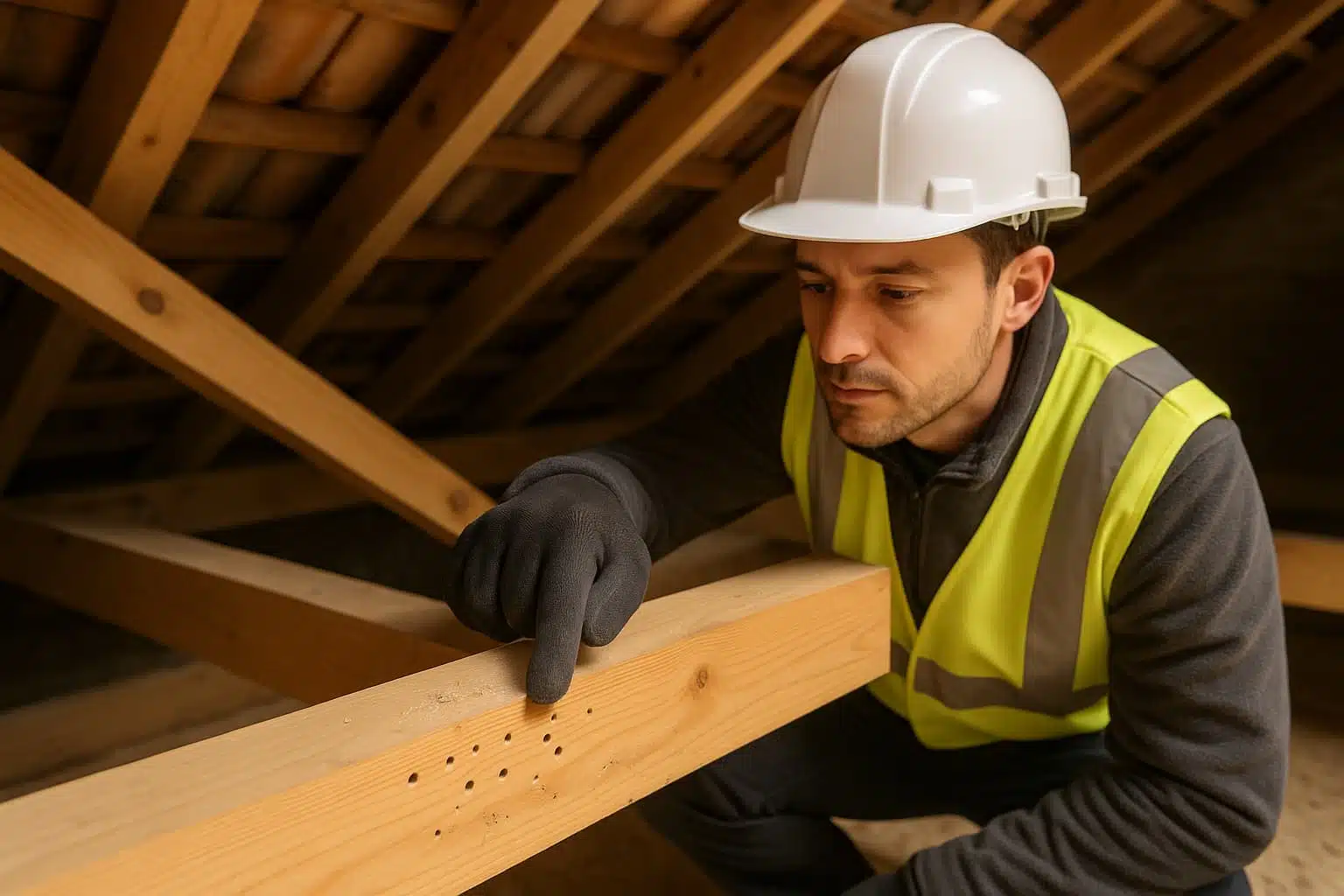 Capricorne du bois sur charpente résineuse avec trous d’envol et traitement par injection