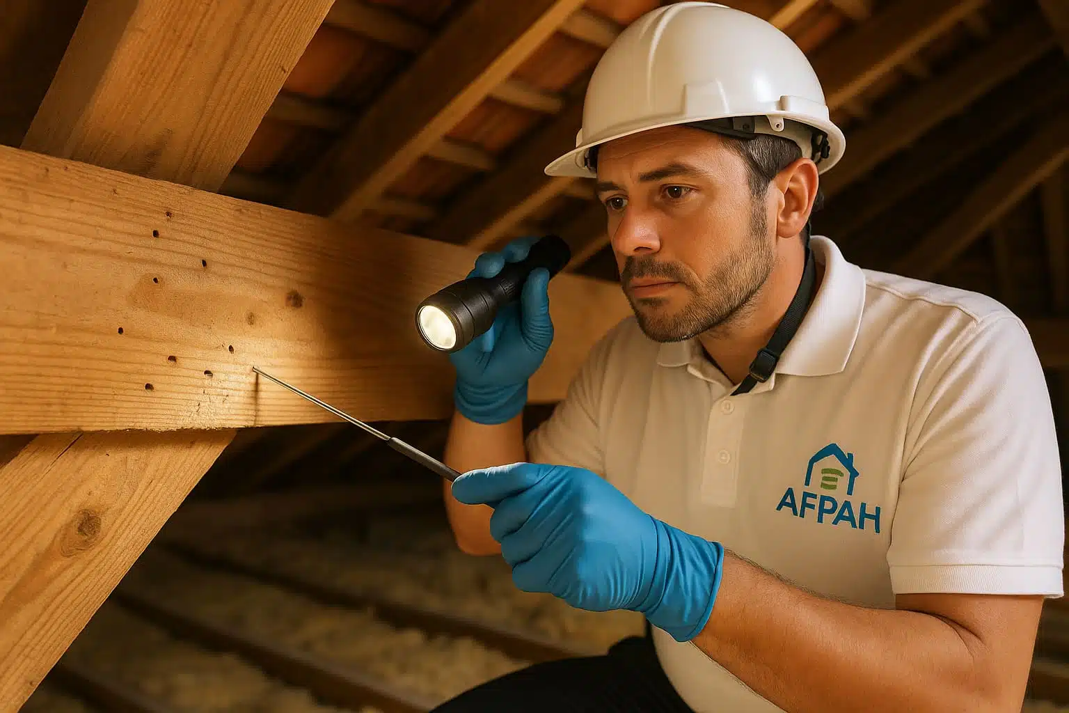 Inspection AFPAH de charpente pour capricorne des maisons, insecte du bois, diagnostic et traitement