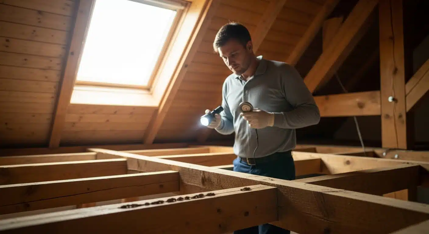 Inspection termites maison dans la charpente par un technicien AFPAH, signes d’infestation et solutions