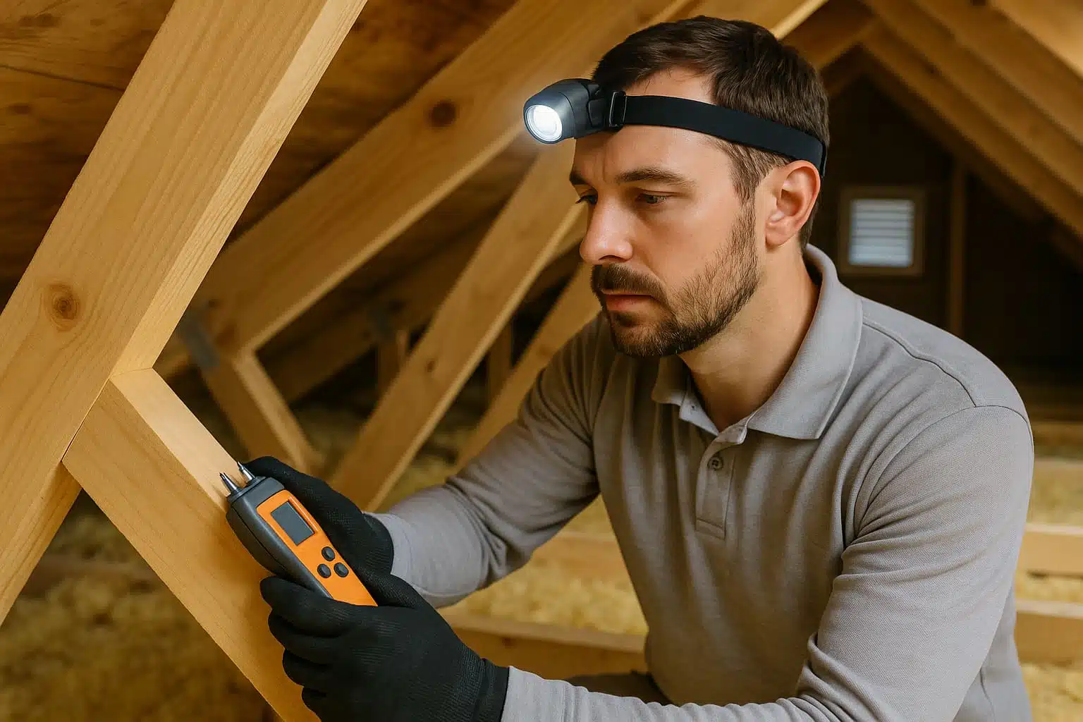 Diagnostic mérule en maison française avec inspection de charpente et mesure d’humidité par un professionnel AFPAH