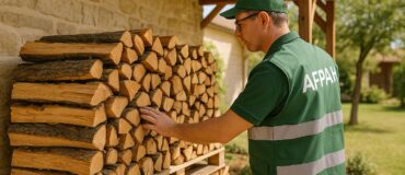 Technicien AFPAH inspectant du bois de chauffage pour prévenir la mérule dans une maison française ventilée