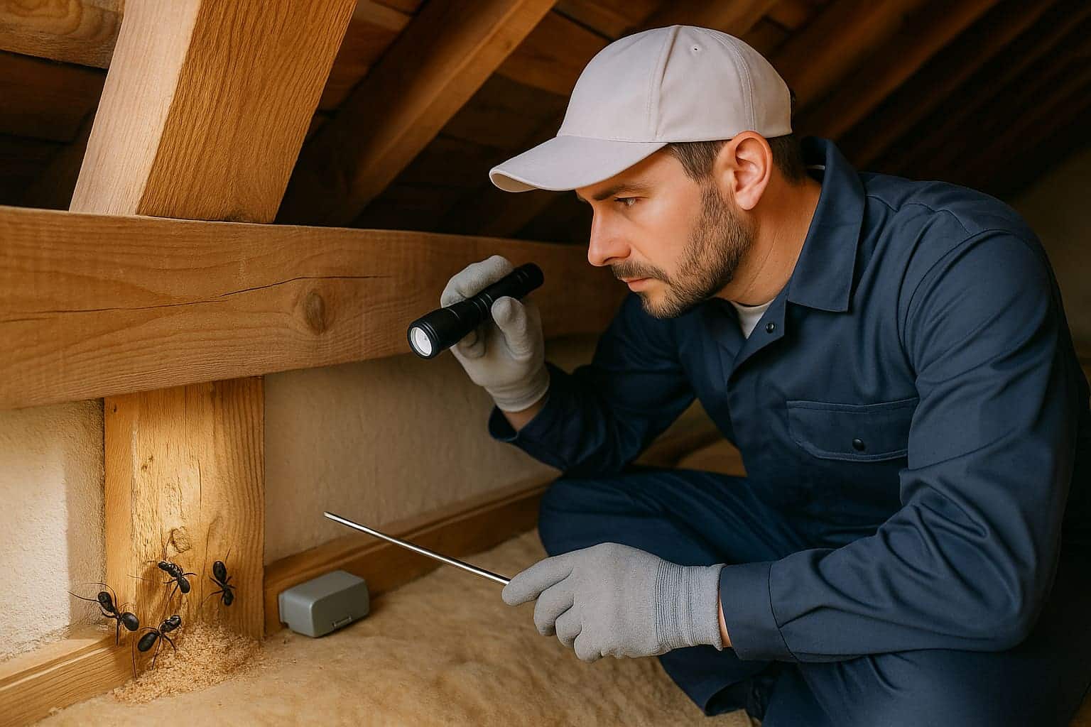 Traitement des fourmis charpentières en maison française avec inspection de charpente par un professionnel AFPAH
