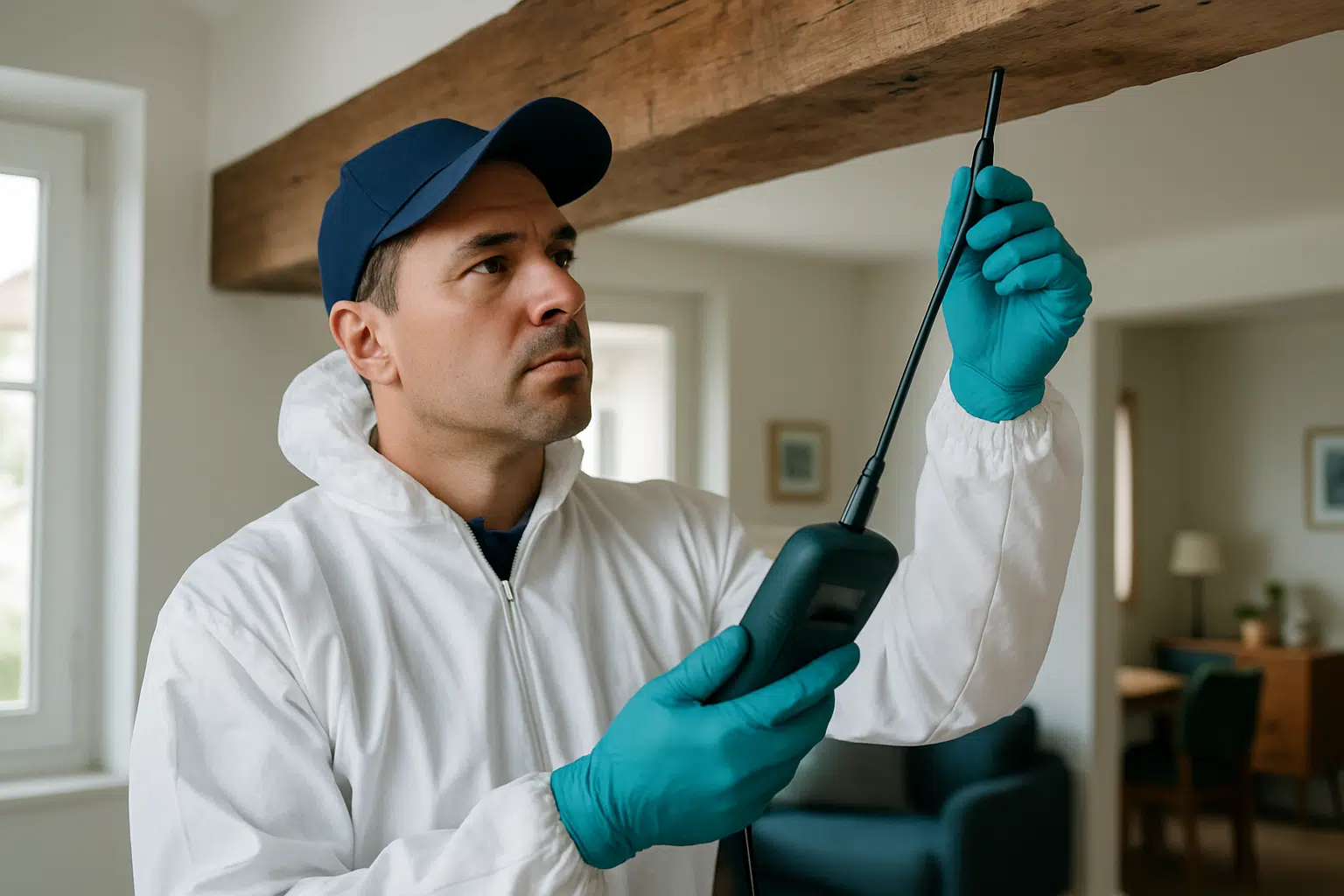 Technicien effectuant un diagnostic traitement termites dans une maison française