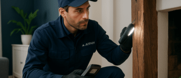 Technicien AFPAH inspectant une charpente pour intervention urgente termites