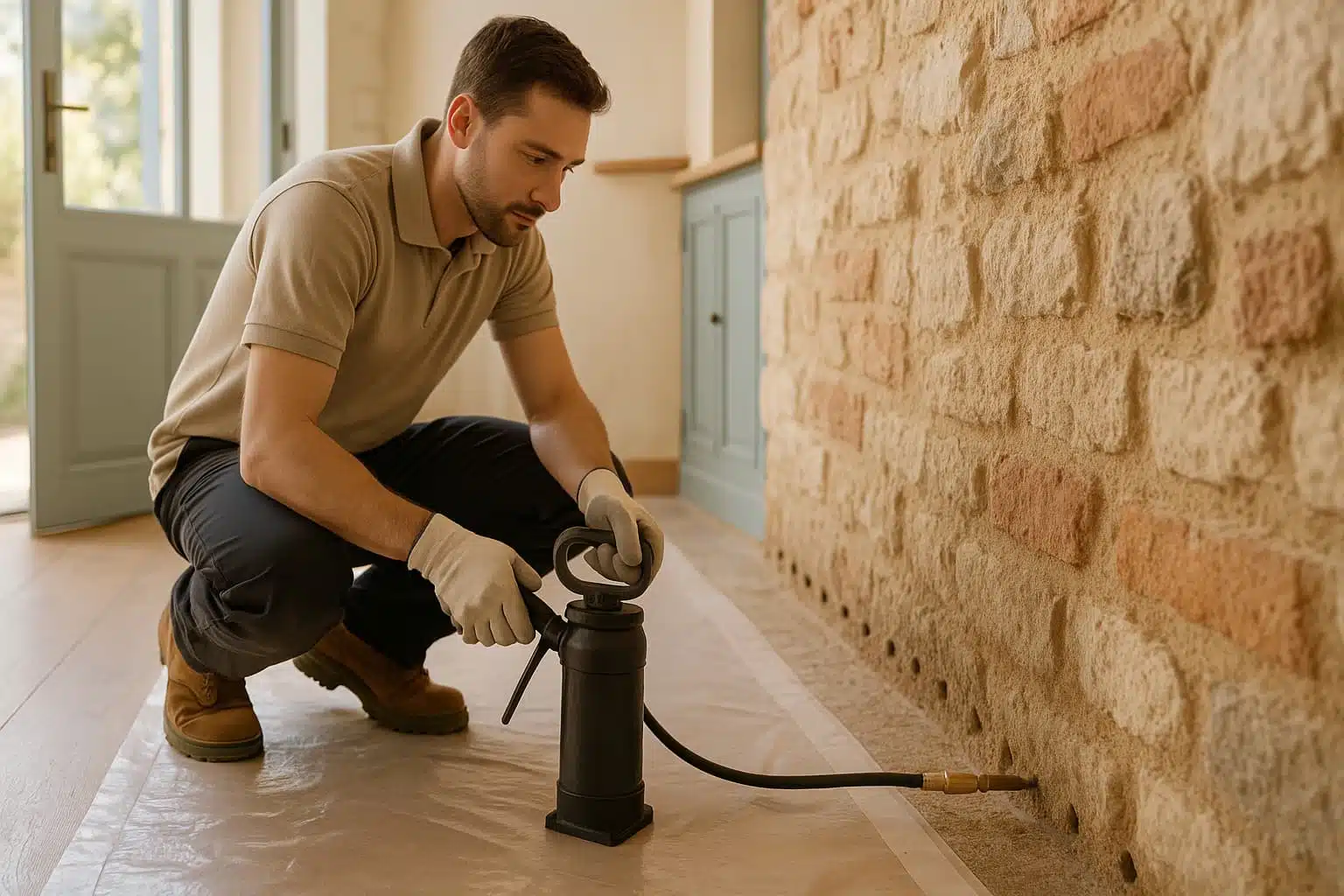 Traitement de l'humidité des murs par injection dans une maison française avec un technicien AFPAH