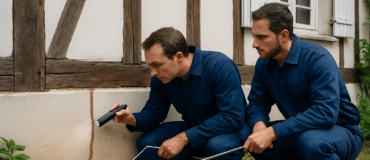 Inspection professionnelle d'un nid de termites à la base d'une maison en France