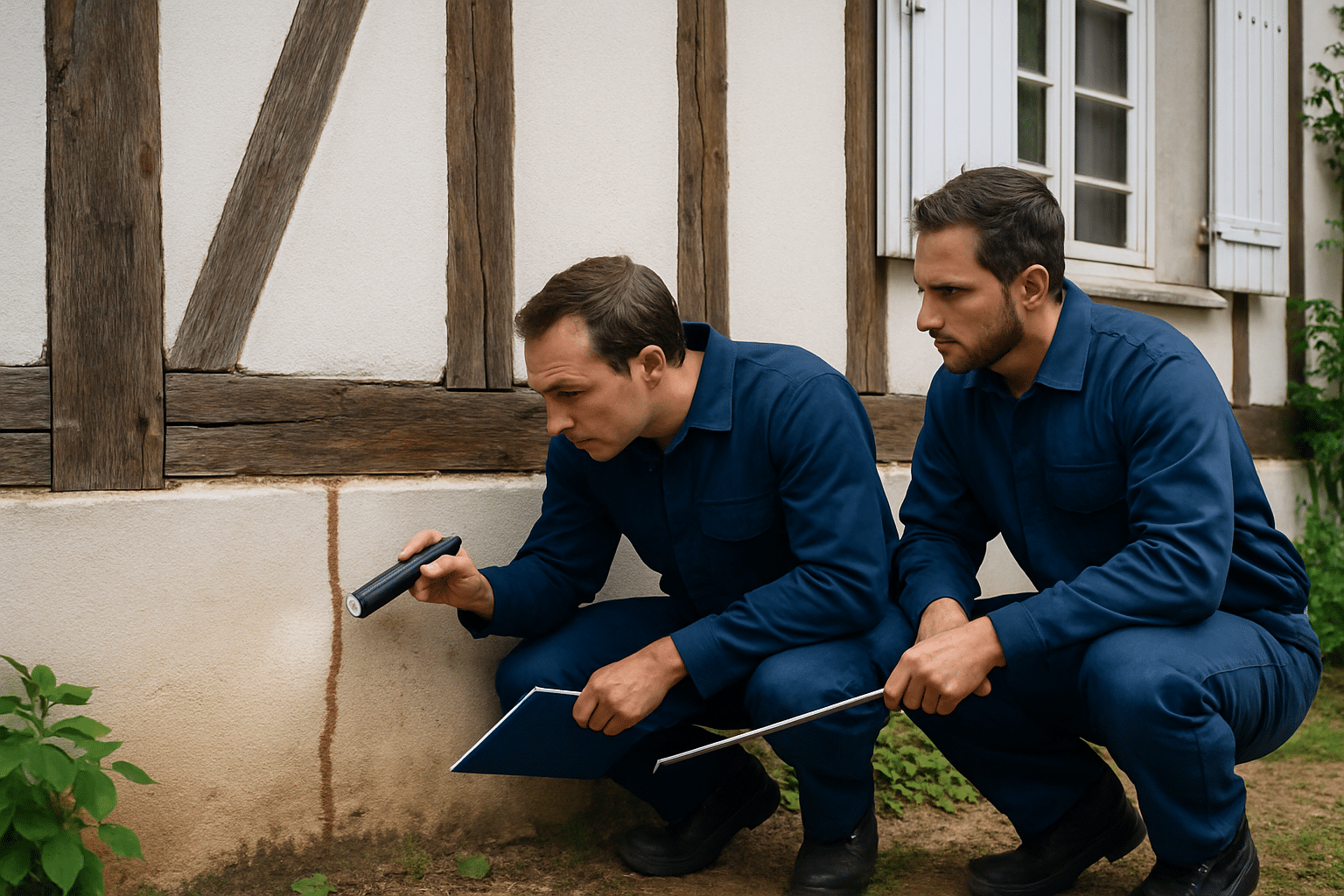Inspection professionnelle d'un nid de termites à la base d'une maison en France