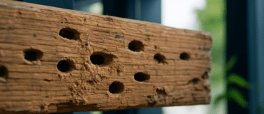 Dégâts capricorne poutre, trous ovales et sciure sur charpente bois