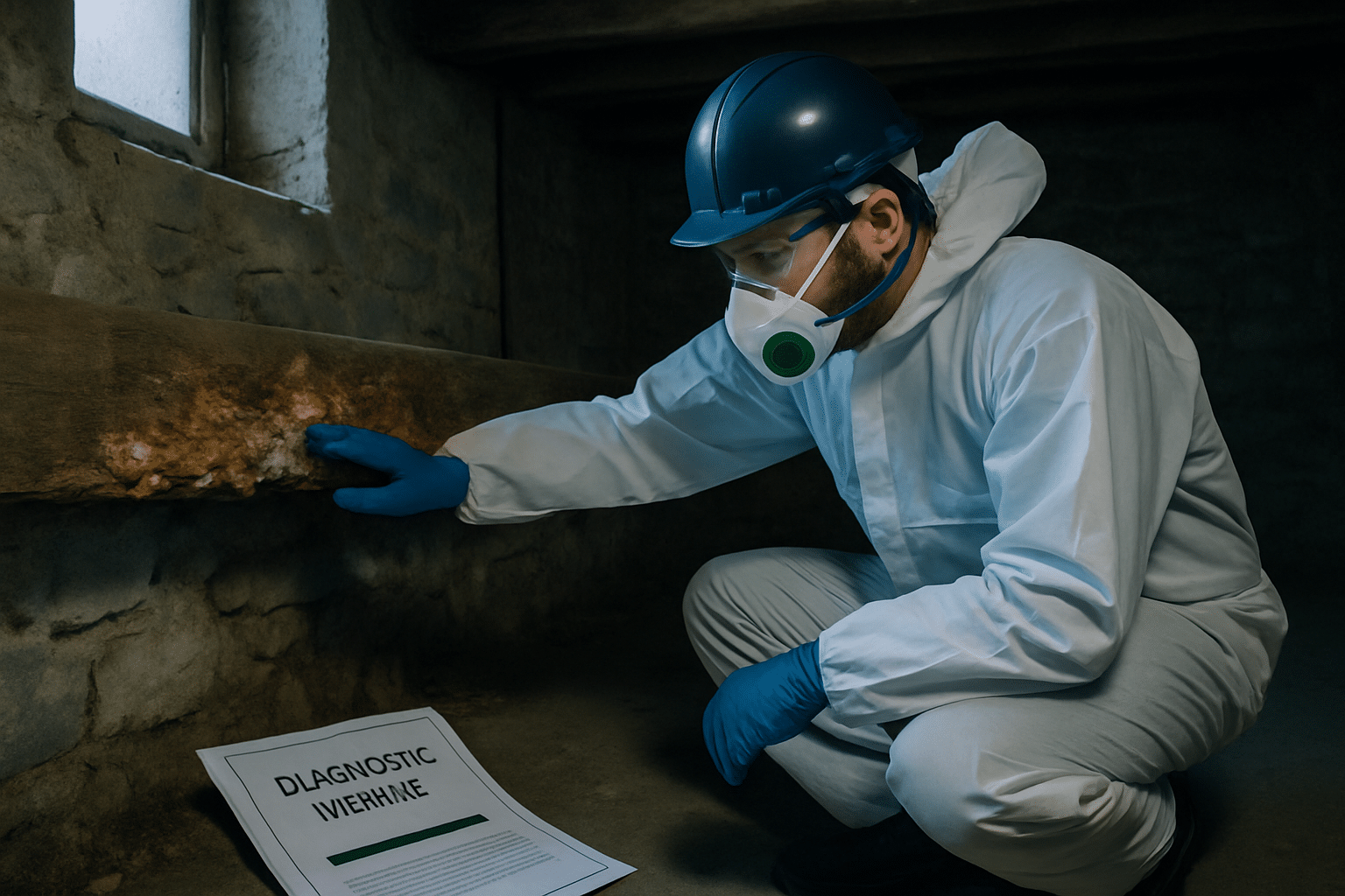 Expert mérule diagnostic inspectant poutre bois avec rapport détaillé