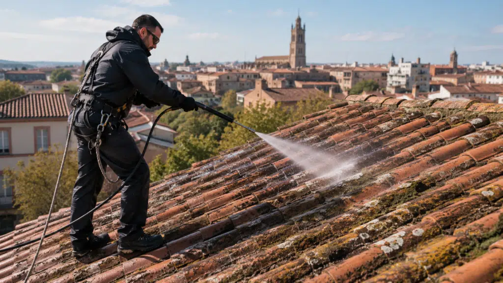 technicien pulvérise antimousse sur toiture correze tulle